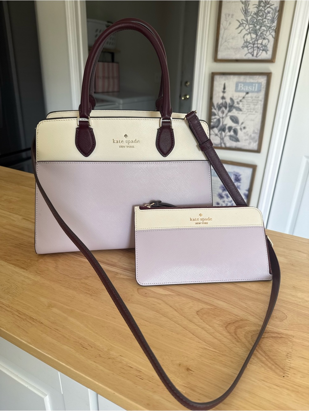 kate spade Two-Tone Lavender, Cream & Burgundy Satchel with Wristlet